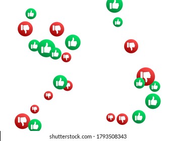 Thumbs up thumbs down red and green isolated vector like dislike social media signs scatter. Recommendation icons, good and bad choice labels. Vote web buttons with man hand. Social media like icons.