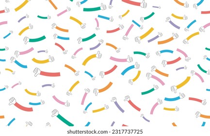 thumbs up and down seamless pattern illustration. Funny multicolor hand community background print. Friend team, business teamwork or community help texture drawing