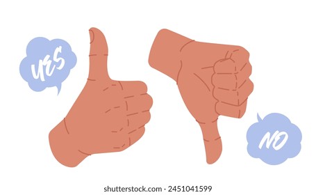 Thumbs up and thumbs down set on white background. Hands showing agreement and disagreement. Like and dislike symbols with bubble speech