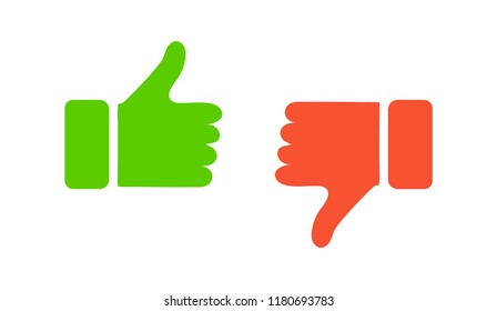 Thumbs up and down sign no and yes in green and red color flat design