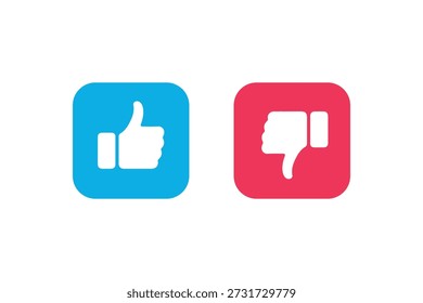 Los Pulgares Arriba y Pulgares Abajo de Los Iconos Del Comentarios de Los Medios Sociales Fijan, Gustan y No Gustan Los Símbolos Del Vector en Cuadrados Azules y Rojos