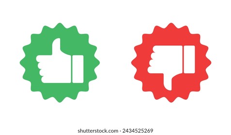 Thumbs up and thumbs down symbols with badge, like and dislike sign set isolated on white background