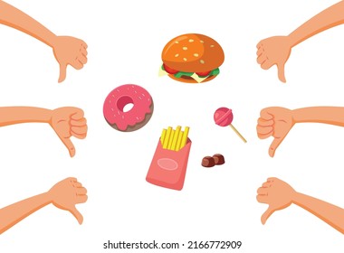 

Thumbs Down for Unsaludable Junk Food Snacks Vector Concept Illustration. Clientes que dejan una revisión negativa para el menú de comida rápida defectuosa
