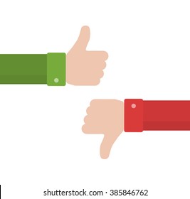 Thumbs up and down vector icon in flat style. Positive and negative feedback from customers. Good and bad gestures isolated on white background. Like and dislike design concept