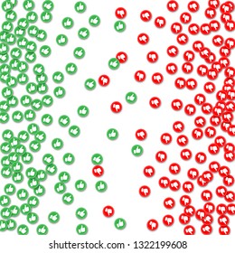 Thumbs up and down vector illustration. Green likes, red dislikes opposites. Blog, vlog, social media background. Customer feedback and review symbols. Rating, ranking backdrop