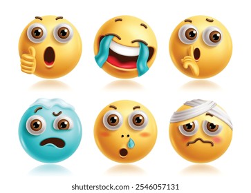 Thumbs up emoji characters vector set. Emojis 3d icon clip art character in approved, crying, happy, quiet, moody, stress and hurt facial expression. Vector illustration thumbs up emoticon collection.