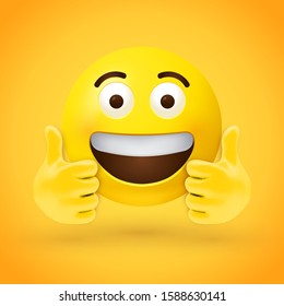 Thumbs up emoji face with big eyes and open mouth showing upper teeth with both hands in thumbs up position - conveys excitement and approval