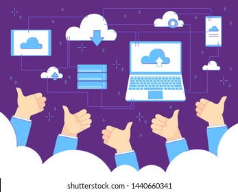 Thumbs up feedback. Business likes cloud computing, work team backups and businessman thumb up. Ok positivity arms, good success cheer hand or approve like thumbs vector illustration