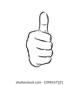 Thumbs up finger gesture hand drawn line drawing vector illustration