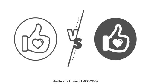 Thumbs up finger sign. Versus concept. Like hand line icon. Brand ambassador gesture symbol. Line vs classic like hand icon. Vector