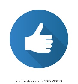 Thumbs up flat design long shadow glyph icon. Like hand gesture. Approval. Vector silhouette illustration
