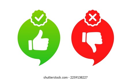 Thumbs up and thumbs up flat icon. I like it and I don't like it. Do's and Don'ts.Yes, no. Recommendation icons, good and bad choice labels. Tick and cross. Vector illustration