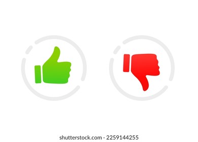 Miniaturas arriba y miniaturas hacia arriba icono plano. Me gusta y no me gusta. Sí, no. Iconos de recomendación, etiquetas de buena y mala elección. Vota los botones web con la mano del hombre. Ilustración del vector