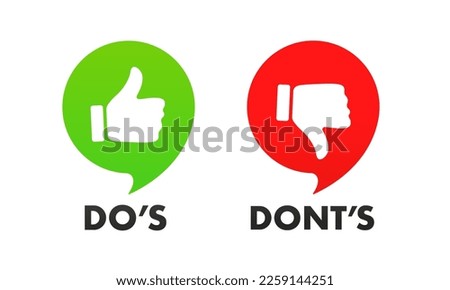 Thumbs up and thumbs up flat icon. I like it and I don't like it. Do's and Don'ts. Recommendation icons, good and bad choice labels. Vote web buttons with with man hand. Vector illustration