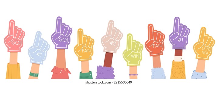 Thumbs up flat icons set. Fun foam finger and football attributes. Show support. Different colors with motivational words. Hand with numbers for cheering. Color isolated illustrations