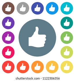 Thumbs up flat white icons on round color backgrounds. 17 background color variations are included.