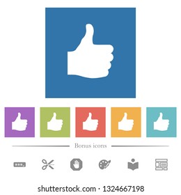 Thumbs up flat white icons in square backgrounds. 6 bonus icons included.