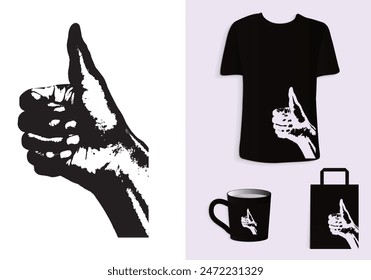 Thumbs Up Gesture with Grunge Effect in Retro Style for T-Shirt, Tote Bag, and Cup Design