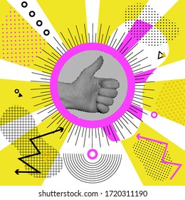 Thumbs up gesture. Hand Gesture OK on sunny rays, memphis background. Geometry shapes on white background. Hand in circle vector illustration