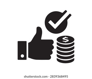 Thumbs up gesture next to a stack of coins and a checkmark for financial approval with thumbs up positive feedback money growth payment success hand sign