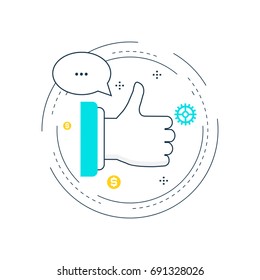 Thumbs up gesture, online chat, comments, favorites and recommendation flat line vector illustration design for web banners and apps