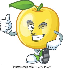 Thumbs up golden apple fruit cartoon on white background