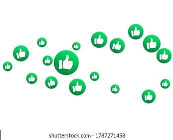 Levantar un vector aislado verde como si se tratara de señales de medios sociales dispersas. Iconos de recomendación, etiquetas de buena elección. Vota los botones web con la mano del hombre. A los medios sociales les gustan los íconos.