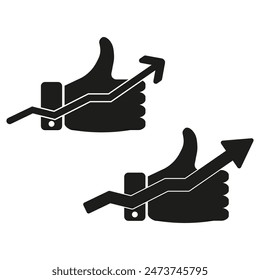 Thumbs up with growth chart. Black vector icons. Business success and approval. Trend illustration.