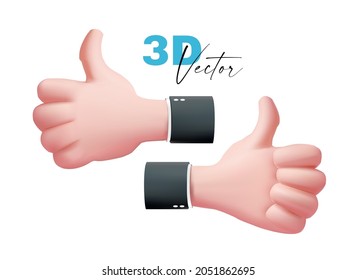 Thumbs up hand. 3D render. Confirm cartoon sign on white background.