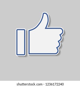 Thumbs Up hand with border and drop shadow, blue social media icon for like or love