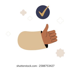 Thumbs Up Hand With Checkmark In Flat Vector Illustration Symbolizing Approval, Success, And Agreement, Isolated On White Background