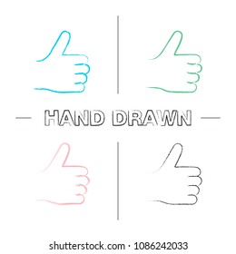 Thumbs up hand drawn icons set. Like hand gesture. Approval. Color brush stroke. Isolated vector sketchy illustrations