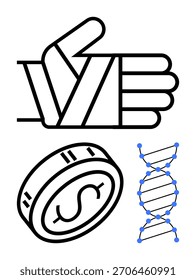 Gesto de pulgares hacia arriba, moneda con signo de dólar y hebra de ADN con puntos azules. Ideal para las finanzas, la genética, la salud, la Aprobación, la educación positiva de la economía del Comentarios. Metáfora de línea