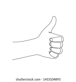 Thumbs up hand gesture in continuous line art drawing style. OK or like sign black line sketch on white background. Vector illustration