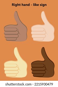 Thumbs up hand gesture icon. 4 colors of the skin of the right hand. Cartoon like gesture vector icon for web design isolated on orange background.