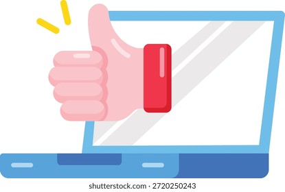 Gesto de pulgares hacia arriba de la mano desde la pantalla del ordenador portátil. Ilustración vectorial plana de Comentarios positivo de los Clientes, Aprobación de negocios en línea y éxito digital.