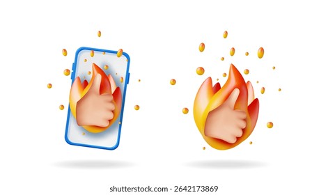 Thumbs up hand gesture on social media, phone application icon. Popularity, feedback, and engagement concept. Trendy 3D rendering elements.