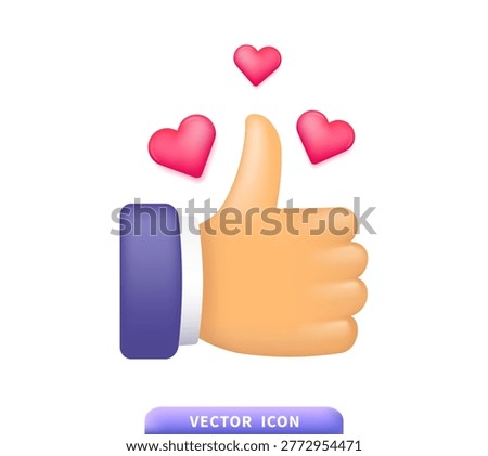 Thumbs up hand gesture with pink hearts 3d vector icon perfect for social media, messaging apps, positive feedback designs, approval concepts, like buttons, and digital communication graphics