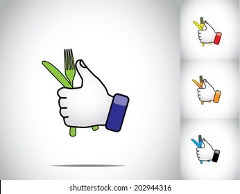 thumbs up hand illustration symbol with color folk and knife art. different colored human hands with colorful folk and knife - eat out or restaurant concept illustration art set