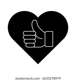 Thumbs Up Hand Inside Heart Symbol Vector Illustration. Vector illustration of a thumbs up hand icon placed inside a solid black heart shape.