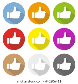 thumbs up hand, like concept social media vector flat icon set long shadow illustration set