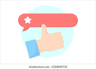 Thumbs hacia arriba y una clasificación de estrellas. Compra de iconos de estilo plano en colores rojo y azul