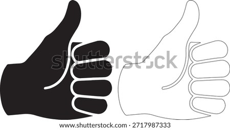 A thumbs up hand sign filled black and outlined with white on a pure white background