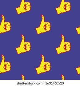 Thumbs up hand symbol seamless pattern. Blue background. Cute expression gesture vector wallpaper.