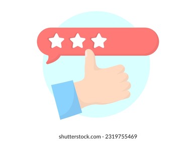 Thumbs up hand and three star rating. Shopping flat style icons in red and blue colors