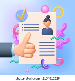 Thumbs up hands with cv. Approved resume. HR management concept. Job application approved. Human resources. Searching professional staff. 3D vector illustration