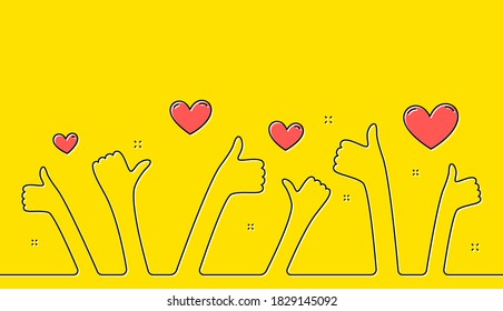 Thumbs up hands yellow background. Continuous line hands with like sign. Good feedback, customer thumb up, positive work. Business successful teamwork, people show like. Single continuous line vector