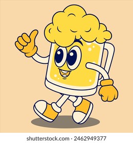 Thumbs Up Happy Beer Mug Mascot Character. Retro Flat Cartoon Style. Cartoon Funny Character. Vector Illustration for Logo, Mascot, Merchandise, T-Shirt, Stickers, etc.