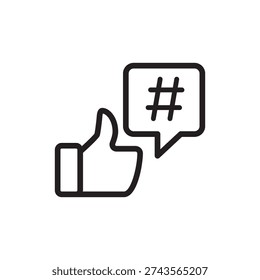 Thumbs up with hashtag bubble for social media engagement and trending topics.