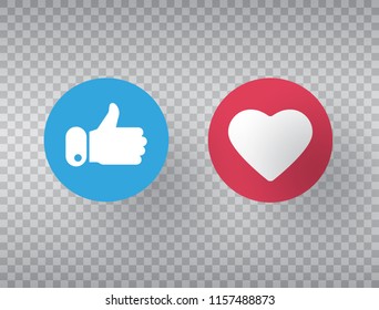 Thumbs Up And Heart Icon On Transparent Background. Social Network Symbol. Counter Notification Icons. Social Media Elements. Emoji Reactions. Vector Illustration.